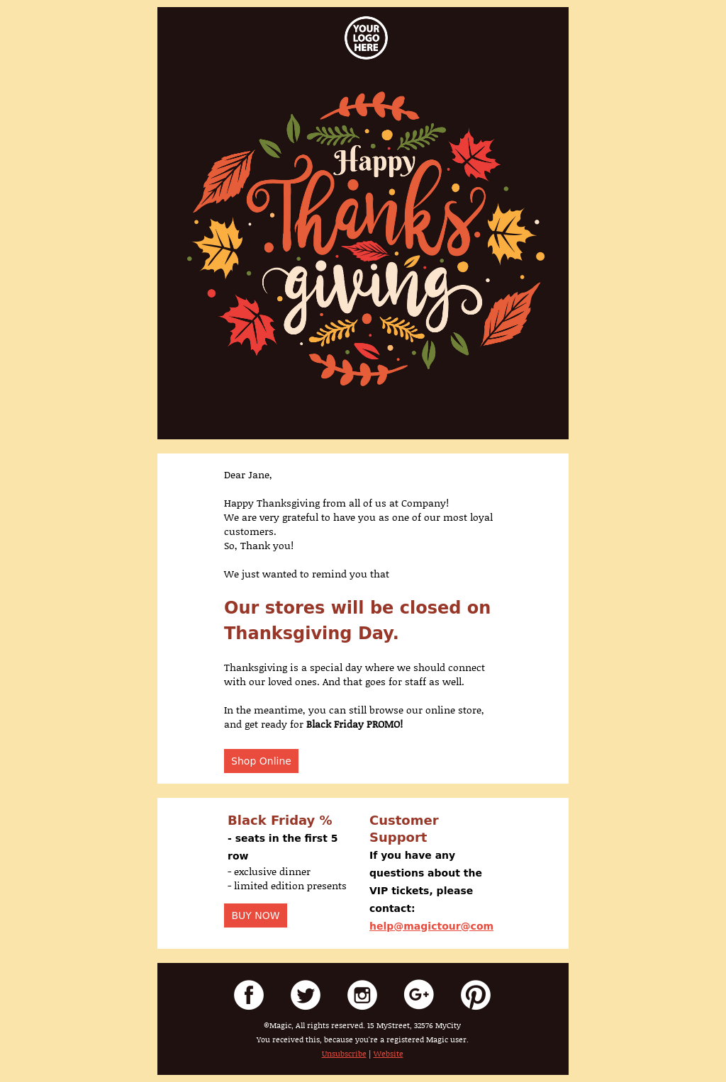 Office (Stores) Closed for Thanksgiving Email Template